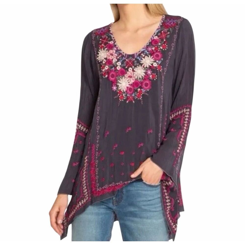 Johnny Was Wish Stitch Embroidered Silk Tunic Top Boho Floral Purple Pink